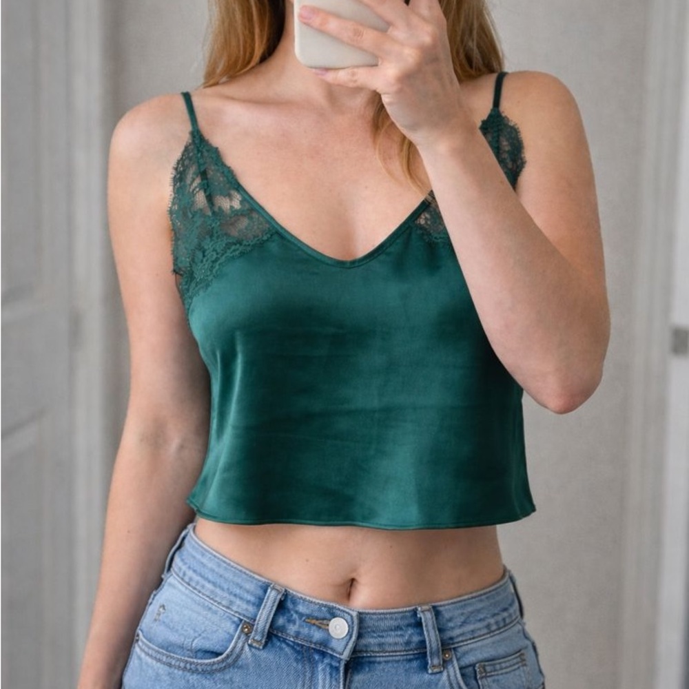 Victoria Secret Y2K Green Satin Lace Cami Coquette Whimsigoth Fairy Medium